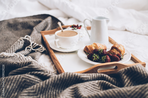 Traditional Romantic Breakfast In Bed In White And Beige