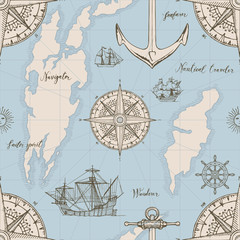  Vector abstract seamless background on the theme of travel, adventure and discovery. Old map with caravels, vintage sailing yachts, wind roses, anchors and handwritten inscriptions in retro style