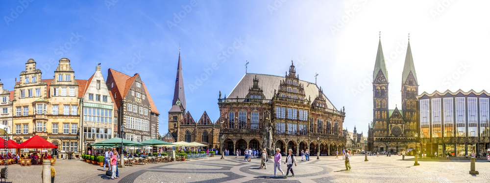 Bremen, Marktplatz, Rathaus, Dom, Liebfrauenkirche, Panorama  - obrazy, fototapety, plakaty 