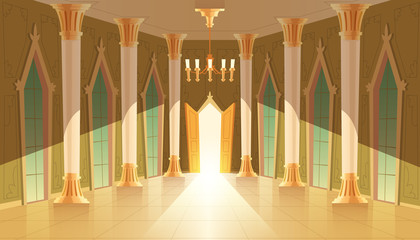 Vector castle hall, interior of ballroom for dancing, presentation or royal reception. Big room with chandelier, closed windows. Open door, light illuminates columns, pillars in luxury medieval palace