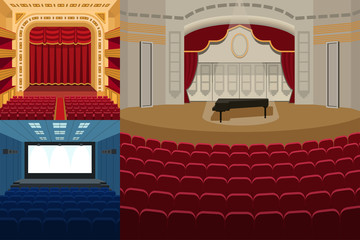 Theater stage with curtains entertainment spotlights theatrical scene interior old opera performance background vector illustration.