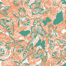 Blue Green And Orange Seamless Abstract Pattern Background With Butterflies And Flower Shapes In A Layered Arrangement. Perfect For Fabric, Scrap Booking, Wallpaper, Gift Wrap.