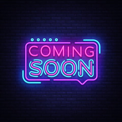 Coming Soon Neon Sign Vector. Coming Soon Badge in neon style, design element, light banner, announcement neon signboard, night neon advensing. Vector Illustration