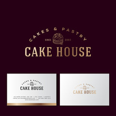 Cake house gold logo. Cakes and pastry emblem. Bakery and cafe logo. A beautiful cake and letters. Business card and pattern.