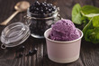 Blueberry ice-cream on dark wooden background.