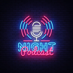 Podcast neon sign vector. Night Podcast Design template neon sign, light banner, neon signboard, nightly bright advertising, light inscription. Vector illustration