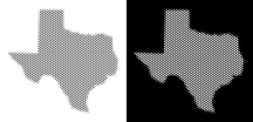 Wall Mural - Halftone circle blot Texas map. Vector territorial maps in gray and white colors on white and black backgrounds. Abstract mosaic of Texas map made of round dots.