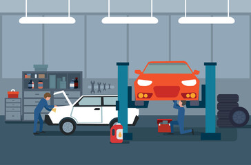 Wall Mural - Work process in car and tire services. Automobile repair and mechanics vector illustration