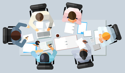 Business meeting concept. Vector illustration in an aerial view with people sitting around a conference table with blank copy space to the right