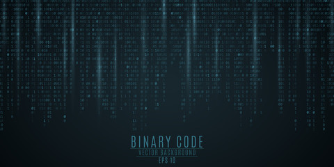 Wall Mural - Binary code background. Blue glow. Falling figures. Blurring of figures in motion. Global network. High technologies, programming, sci-fi. Vector illustration