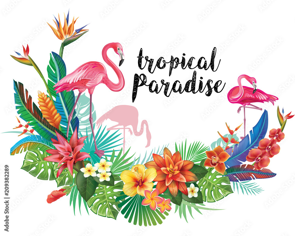 Flamingoes with tropical flowers - obrazy, fototapety, plakaty 