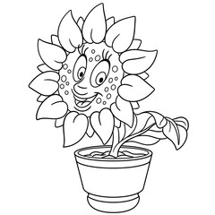 Sunflower. Sun flower in a pot. Coloring page. Colouring picture. Coloring book. 