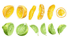 Fruit Set With Lime And Orange In Halves And Slices