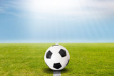 Fototapeta  - Fußball auf dem Rasen von Spielfeld mit blauem Himmel
