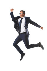 excited businessman in eyeglasses jumping and gesturing by hands isolated on white background