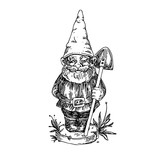 Fototapeta  - Figure of garden gnome with shovel. Sketch. Engraving style. Vector illustration.