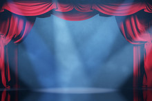 Volume Light And Smoke On The Theater Stage With Red Velvet Curtains. 