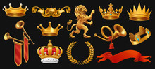 Gold Crown Of The King. Laurel Wreath, Trumpet, Lion, Ribbon. 3d Vector Icon Set On Black