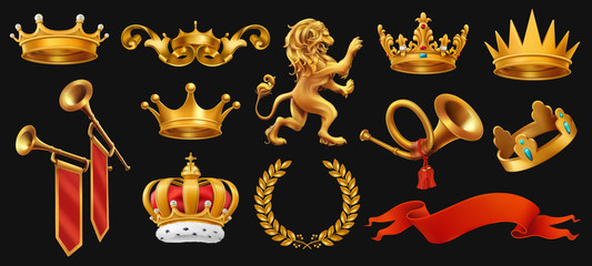 Sticker - Gold crown of the king. Laurel wreath, trumpet, lion, ribbon. 3d vector icon set on black