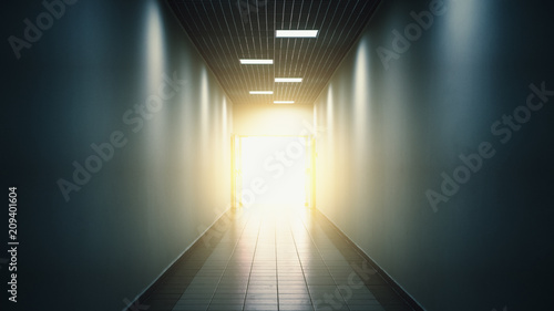 Fotomural Light at the end of tunnel or corridor, abstract hope and way to freedom concept
