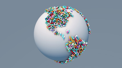 3d illustration earth filled with colorful pills