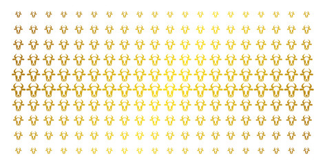 Cow head icon golden halftone pattern. Vector cow head objects are arranged into halftone array with inclined golden gradient. Constructed for backgrounds, covers, templates and beautiful concepts.