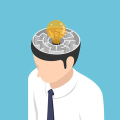 Isometric light Bulb of idea is in the center of maze inside businessman head