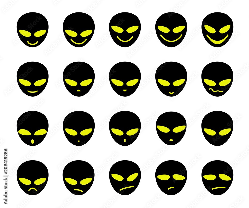 Alien, icon, different emotions, black, vector. The face of an alien. Meme, icon. Vector pictures on white background. Black faces with green eyes. 