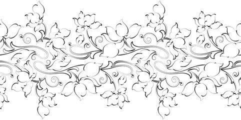 Seamless black and white antique floral border