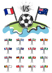 Aufkleber - Football on the world with set of national soccer team flags for edit this image . Sport match concept . Watercolor art child painting flat design . Vector for international tournament cup 2018