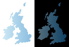 Hex Tile Great Britain And Ireland Map. Vector Territory Scheme In Light Blue Color With Horizontal Gradient On White And Black Backgrounds.