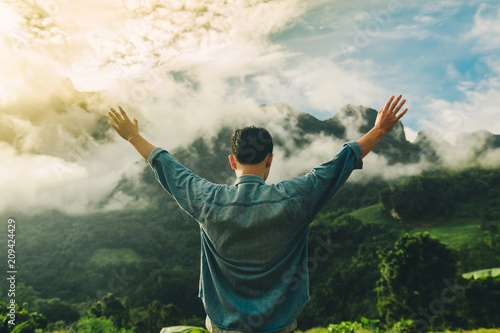 Fotomural Hands man pray in morning with sunlight,Have relationship with God