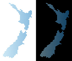 Wall Mural - Hexagon New Zealand map. Vector geographic scheme in light blue color with horizontal gradient on white and black backgrounds. Abstract New Zealand map composition is made from hex-tile items.