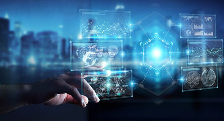 Businessman using digital screens interface with holograms datas 3D rendering