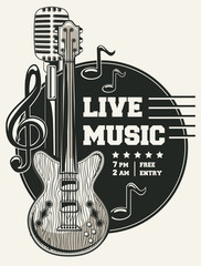 Sticker - Live music emblem with guitar, microphone and notes