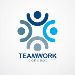 Teamwork and friendship concept created with simple geometric elements as a people crew. Vector icon or logo. Unity and collaboration idea, dream team of business people blue design.