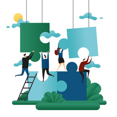 Office Cooperative Teamwork. People Build Puzzles. Problem Solution Business Concept Vector Illustration