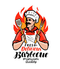 Wall Mural - Barbecue logo or label. Cook or happy cook holding a grill tools spatula and fork. Lettering vector illustration