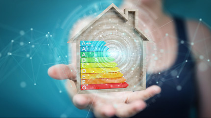 Wall Mural - businesswoman using 3d rendering energy rating chart in a wooden house