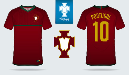 Soccer jersey or football kit template design for Portugal national football team. Front and back view soccer uniform. Football t shirt mock up with flat logo design. Vector Illustration