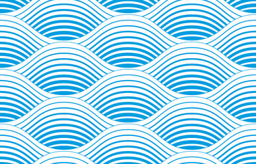 Waves seamless pattern, vector water runny curve lines abstract repeat endless background, blue colored rhythmic waves.