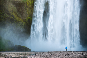 Wall Mural - Tourist near Skogafoss waterfall in Iceland