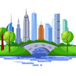 New York central park and urban skyscraper buildings. Vector cityscape illustration