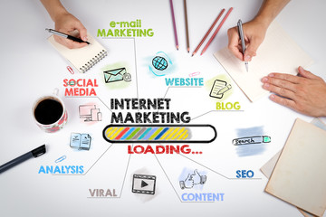 Wall Mural - internet marketing, technology and advertising concept. Chart with keywords and icons. The meeting at the white office table