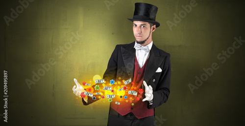 Young illusionist in tails hold between hands gambling staffs with super power Poster