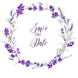 Watecolor lavender delicate floral wreath on white background with message Save the date. Blue flowers and green leaves.. Invitation card design.
