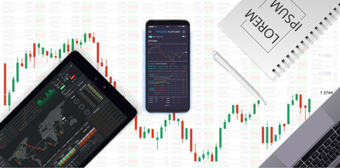 Leinwandbilder - Stock market chart. Business graph on technology background. Forex trading business concept. The chart of the stock market against the background of the laptop, the tablet, a notebook and the handle.