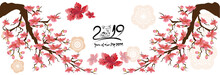 Set Banner Happy New Year 2019 Greeting Card And Chinese New Year Of The Pig, Cherry Blossom Background
