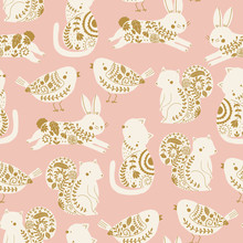 Garden Animals Vector Seamless Pattern. Kids Pink Background With Cute Animals, Birds And Plants