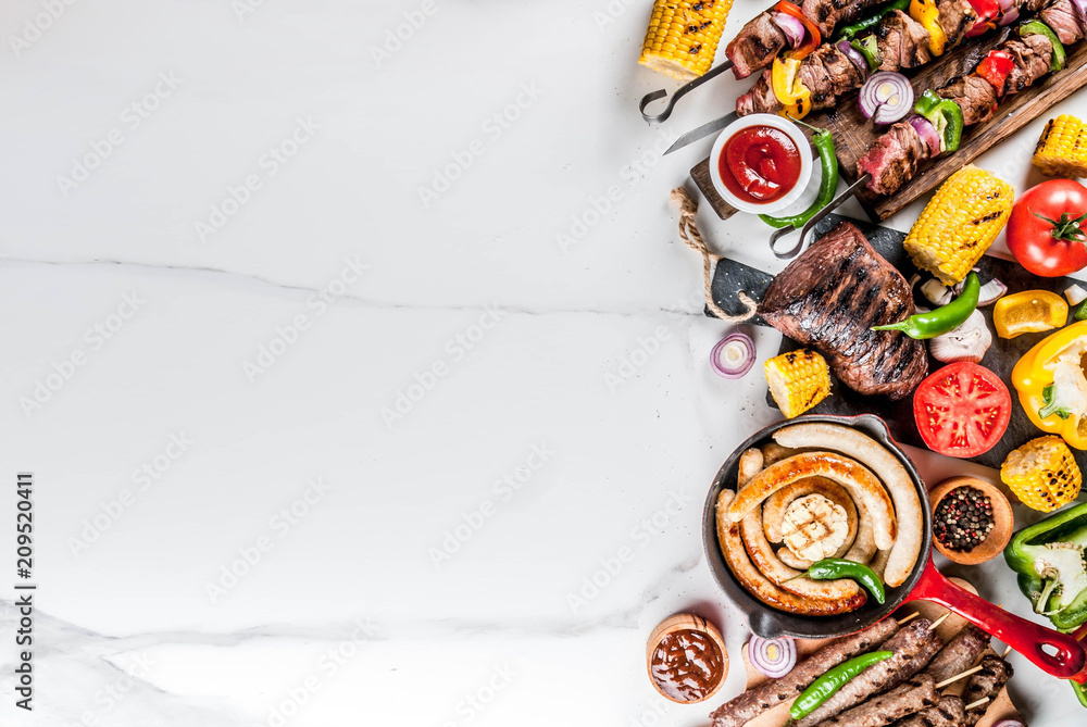 Assortment various barbecue food grill meat, bbq party fest - shish kebab, sausages, grilled meat fillet, fresh vegetables, sauces, spices, white marble background, above copy space - obrazy, fototapety, plakaty 